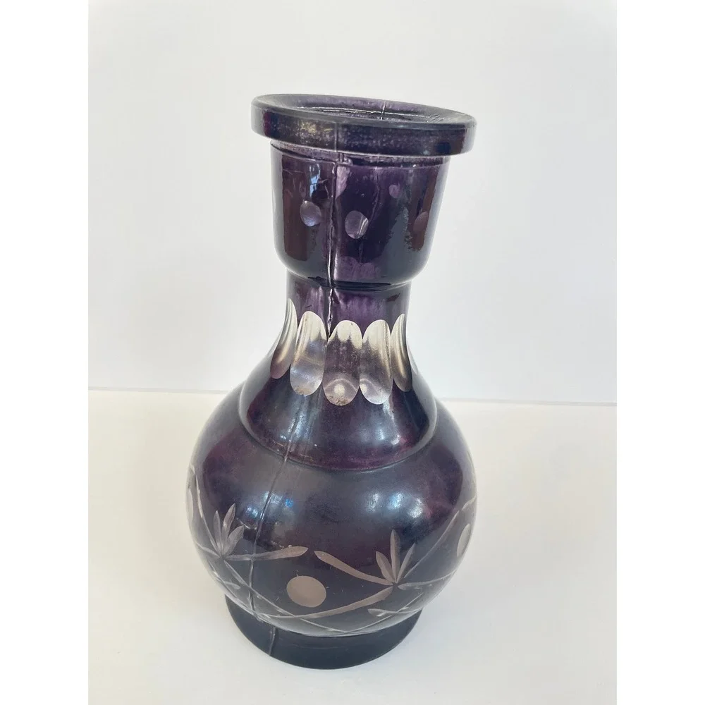 Vintage Amethyst Purple Etched Glass Vase Bohemian Cut to Clear Floral 7.5 Inch